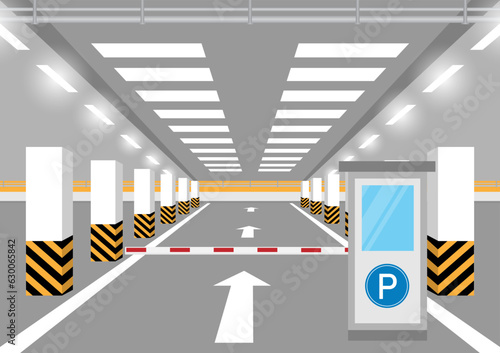 Underground Parking with Barrier. Parking lots or Car Parking Space with Car or Empty Parking Zone Underground. Vector Illustration.