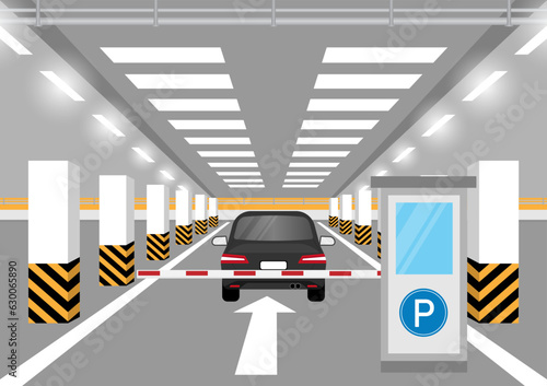 Underground Parking with Barrier. Parking lots or Car Parking Space with Car or Empty Parking Zone Underground. Vector Illustration.