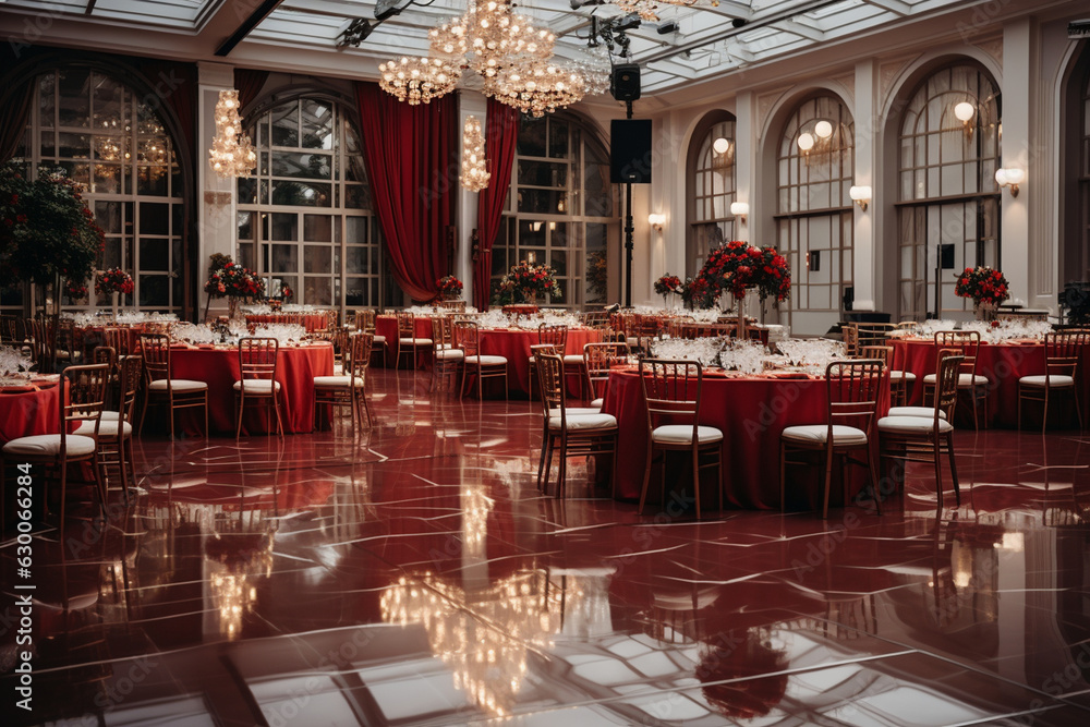 setup of a wedding reception in the hotel's banquet hall, with beautifully decorated tables and a dance floor Generative AI