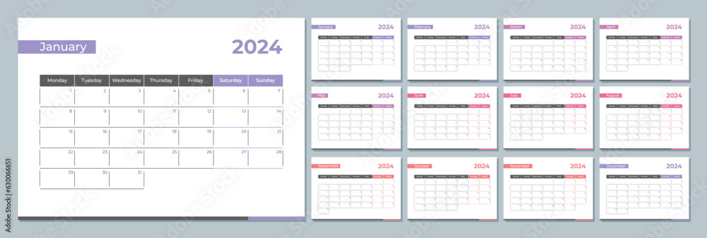 2024 calendar template. Corporate and business planner diary. The week starts on Monday. Set of 12 months 2024 pages. 2024 calendar template. Corporate and business planner diary. The week starts on Monday. Set of 12 months 2024 pages.