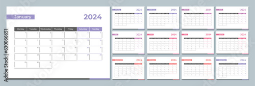 2024 calendar template. Corporate and business planner diary. The week starts on Monday. Set of 12 months 2024 pages.