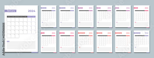2024 calendar template. Corporate and business planner diary. The week starts on Monday. Set of 12 months 2024 pages.