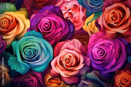 Wallpaper with a floral pattern, fresh colorful roses bouquet for Valentine like present. Generative Ai.