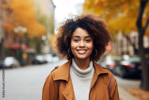 Portrait of a Beautiful Black Woman in front of a Autumn City Background in the Fall