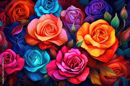 Wallpaper with a floral pattern  fresh colorful roses bouquet for Valentine like present. Generative Ai.