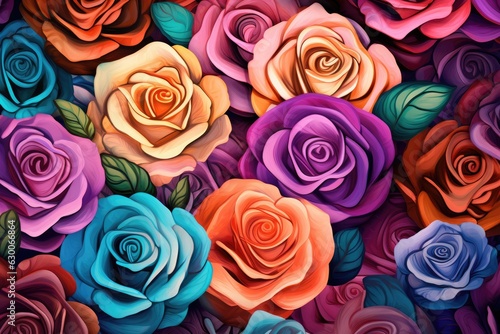 Wallpaper with a floral pattern  fresh colorful roses bouquet for Valentine like present. Generative Ai.