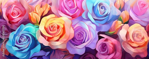 Wallpaper with a floral pattern  fresh colorful roses bouquet  panorama. Generative Ai.