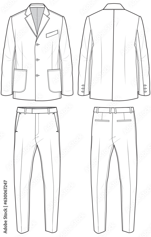 Men's Single breast notch lapel Blazer Jacket full suit with formal trouser pants flat sketch fashion illustration technical drawing with front and back view Men's Single breast notch lapel Blazer Jacket full suit with formal trouser pants flat sketch fashion illustration technical drawing with front and back view