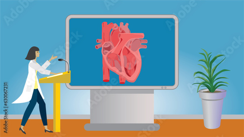 Woman doctor, physician or student in lecture about heart. Gesturing and standing in front of big modern screen for education. Cardiology. Cardiologist. Dimension 16:9. Vector illustration.