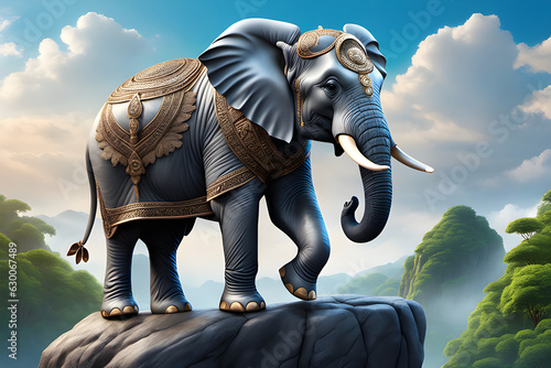 elephant standing nicely on a high rock with a nice sky and a dense forest below. generative ai