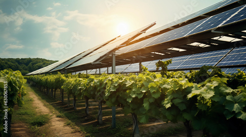 Green energy in the midst of nature, solar panel in vineyard on sky sunset background
