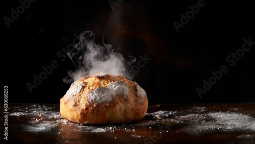 Frisches Brot mit fliegenden Mehl Staub auf dunklen Untergrund, ai generativ photo