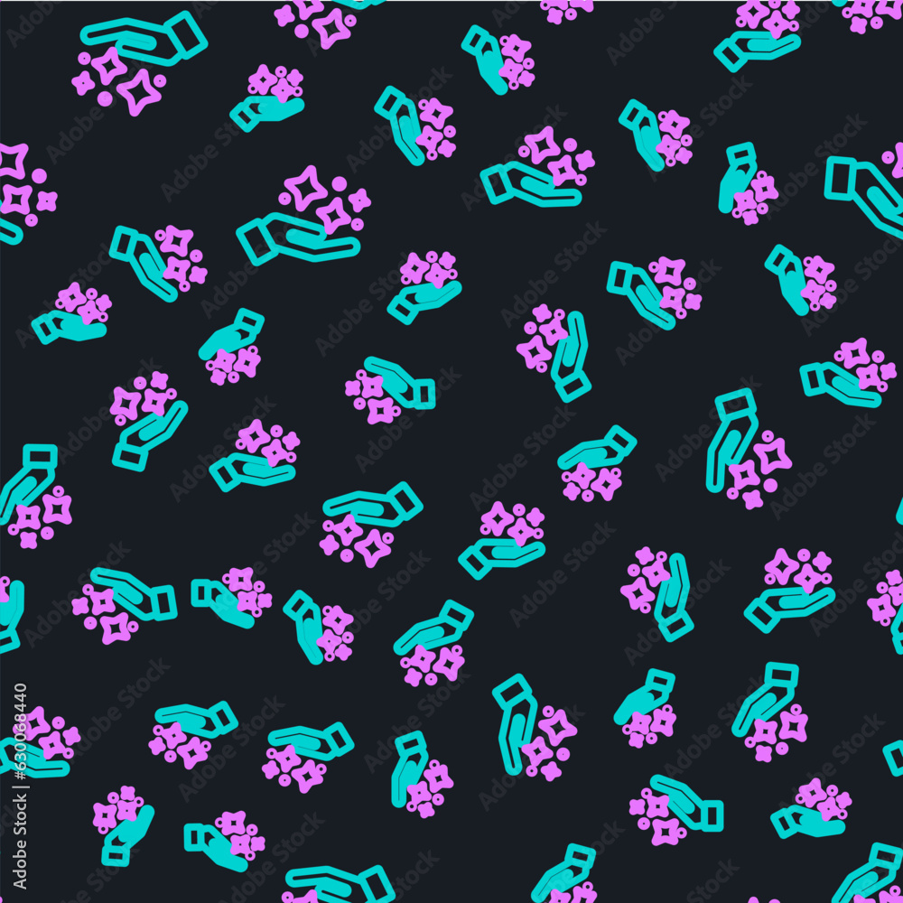 Line Sparkle stars with magic trick icon isolated seamless pattern on black background. Magic christmas decoration. Vector Line Sparkle stars with magic trick icon isolated seamless pattern on black background. Magic christmas decoration. Vector