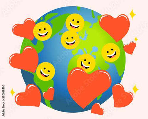 Random acts of Kindness Day. February 17. Around  Planet Earth  Smiley faces and Flying hearts. Vector Kindness Day poster illustration