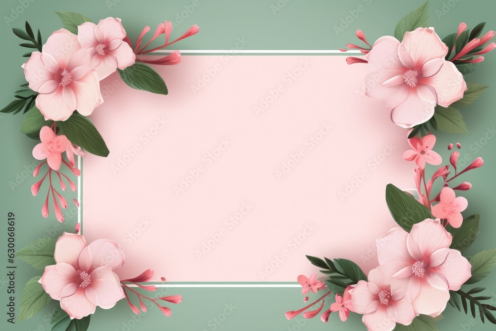 Pink flower frame with a green background, space for your text. Generative Ai. Pink flower frame with a green background, space for your text. Generative Ai.