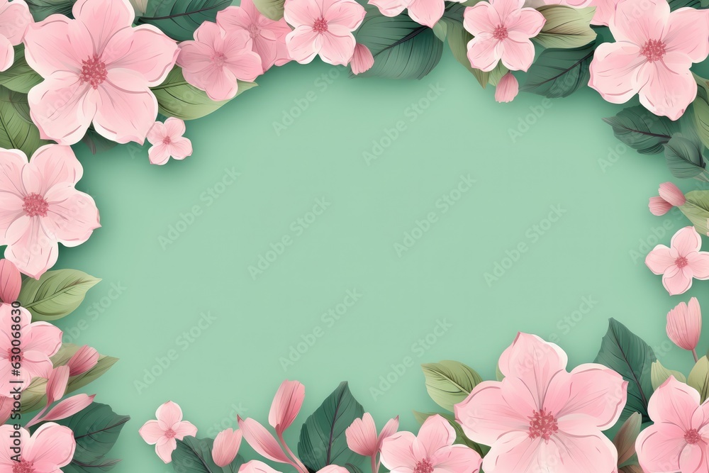 Pink flower frame with a green background, space for your text. Generative Ai.