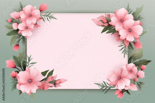 Pink flower frame with a green background  space for your text. Generative Ai.