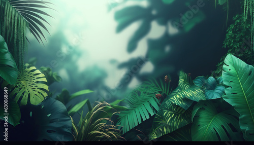 Beautiful different tropical leaves on blurred jungle background with copy space. Rainforest outdoor backdrop with place for text.