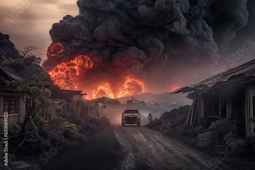 volcano eruption landscape with magma and ash, IA image photo