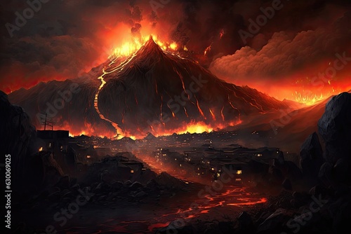 volcano eruption landscape with magma and ash, IA image photo