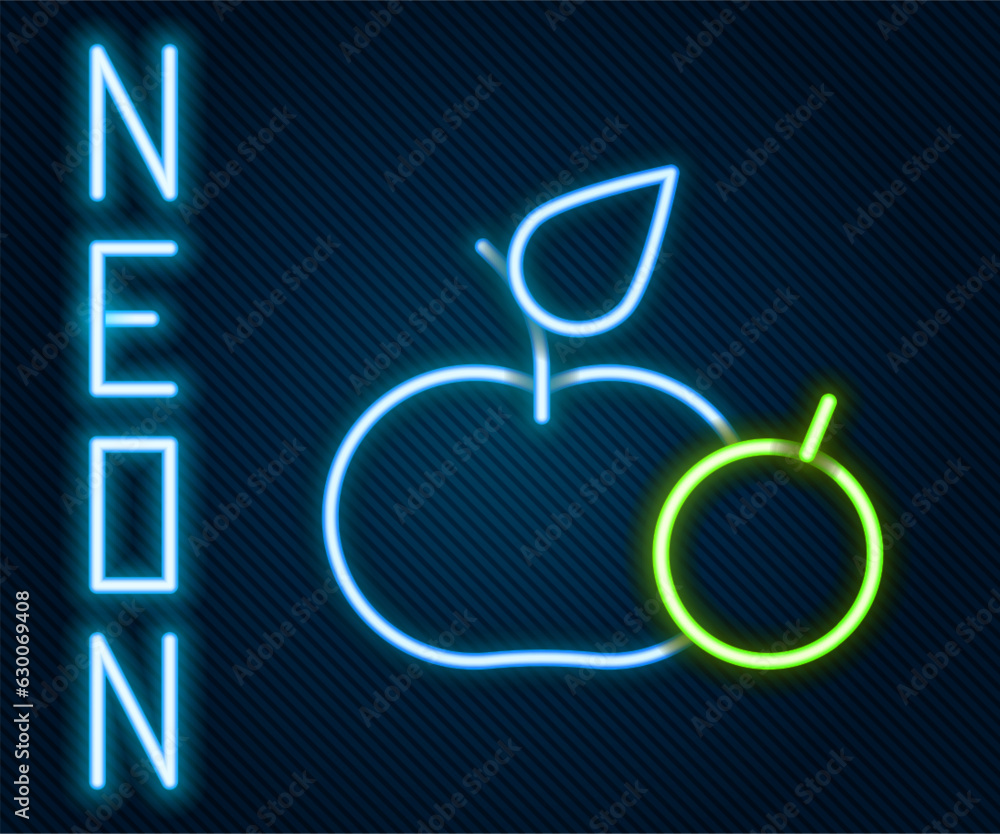 Glowing neon line Apple icon isolated on black background. Excess weight. Healthy diet menu. Fitness diet apple. Colorful outline concept. Vector Glowing neon line Apple icon isolated on black background. Excess weight. Healthy diet menu. Fitness diet apple. Colorful outline concept. Vector