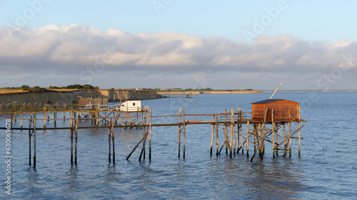 Fishing cabins on the coast of the Pertuis Breton near Marsilly village. Charente Maritime coast