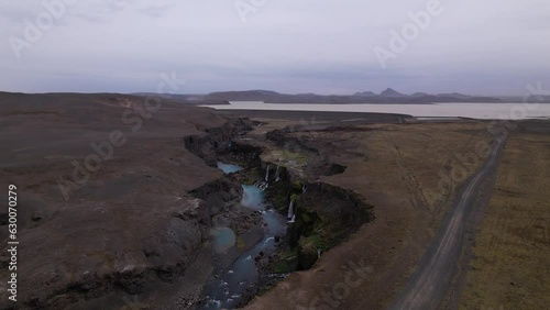 DRONE AERIAL FOOTAGE: Sigoldugljufur, also known as the Valley of Tears, is a canyon in the Icelandic Highlands. It is most renowned for and earned its nickname from its sheer number of waterfalls. photo