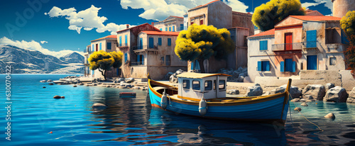 Traditional Greek Fishing Village with Colorful Boats