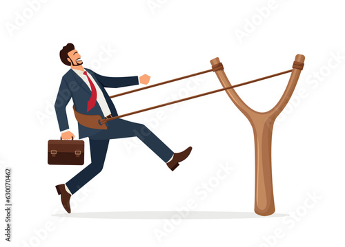 Entrepreneurship ready to launch new project or work improvement, boost career development, speed up business growth concept, brave businessman pull rubber band ready to launch slingshot flight.