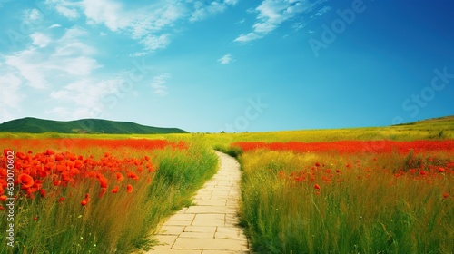Yellow brick road through green meadows with red poppy flowers, fantasy summer outdoor background.