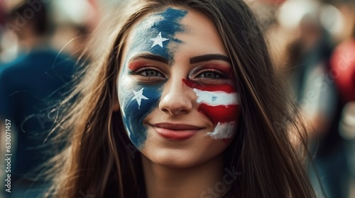 Joyful fan girl in the colors of the U.S in a crowd of fans. Flag of USA on his face. Generative ai