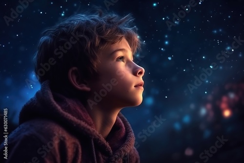 Child looks at the starry christmas night sky. Generative ai