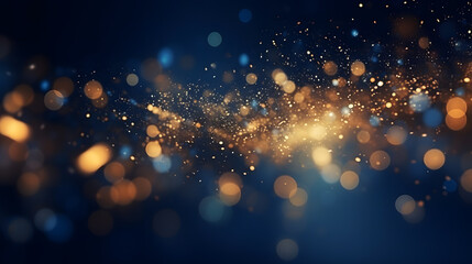 Christmas Golden light shine particles bokeh on navy blue background. Holiday concept. Abstract background with Dark blue and gold particle.
