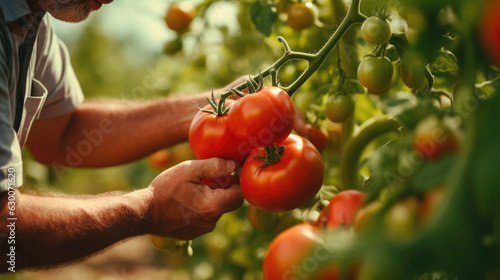 Male farmer harvests tomatoes by hand.