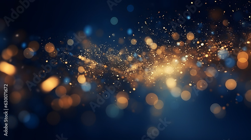 Christmas Golden light shine particles bokeh on navy blue background. Holiday concept. Abstract background with Dark blue and gold particle.