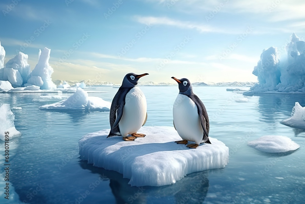 penguins stand on melting ice in Arctic Ocean at daytime, global warming concept, world global planet climate change. Two cute emperor penguins confused by ice melting. Generative AI