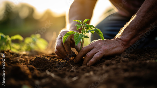Senior man gardening holds fertile soil in his hands with growing green seedling. Spring garden planting process.