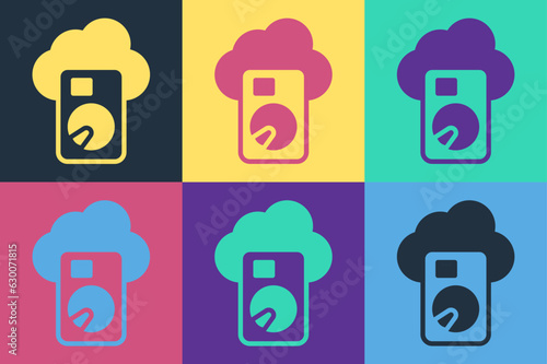Pop art Cloud database icon isolated on color background. Cloud computing concept. Digital service or app with data transferring. Vector
