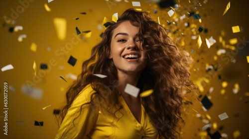 Young girl covered with confetti smiles on a yellow background