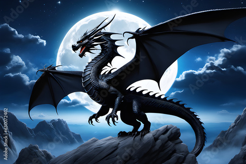 black dragon in front of huge full moon in cool night sky. generative ai