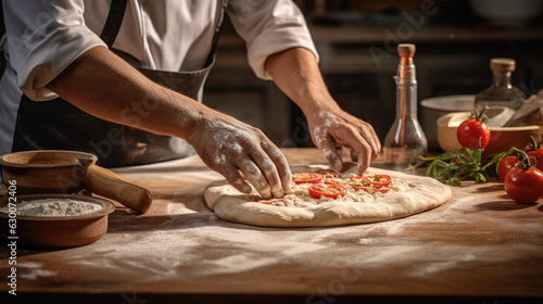 Chef cooks italian pizza in the kitchen.