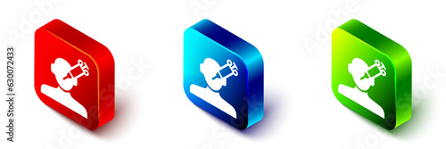 Isometric Addiction to the drug icon isolated on white background. Heroin, narcotic, addiction, illegal. Sick junkie with a syringe and medical pills. Red, blue and green square button. Vector