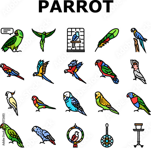 parrot bird blue animal tropical icons set vector. macaw blue, yellow wildlife, nature feather, red bright, wing wild, ara parrot bird blue animal tropical color line illustrations