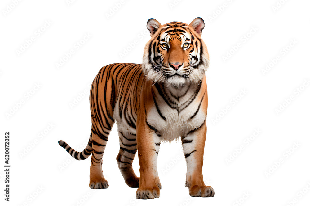 Tiger isolated on a transparent background. Animal front  view portrait.