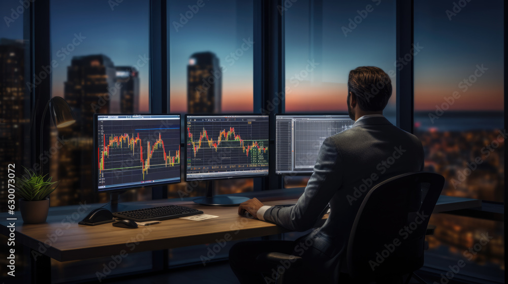 Stock Trader Man Using Multiple Monitors while working at night. Back view. Stock Trader Man Using Multiple Monitors while working at night. Back view.