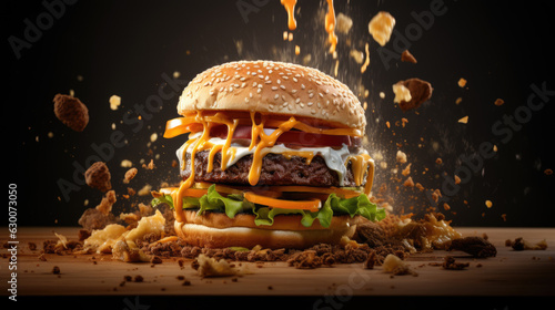 Fresh tasty burger on black background.