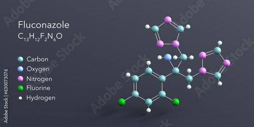 fluconazole molecule 3d rendering, flat molecular structure with chemical formula and atoms color coding photo