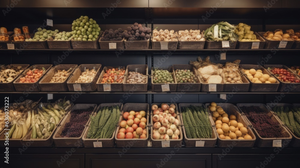 Fruits and vegetables without plastic packages on the store shelf
