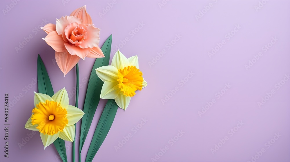 bouquet of daffodils, purple background