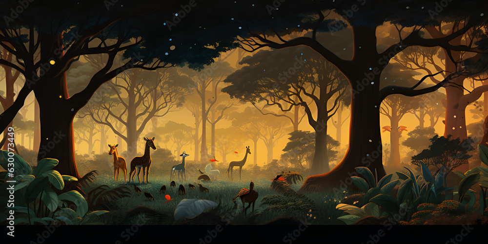 Lost  laif and bambi in the forest with mystic light,illustration beautiful jungle  painting Beautiful Jungle Painting: Bambi's Quest  